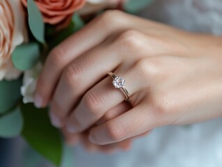 engagement ring on hand holding flowers