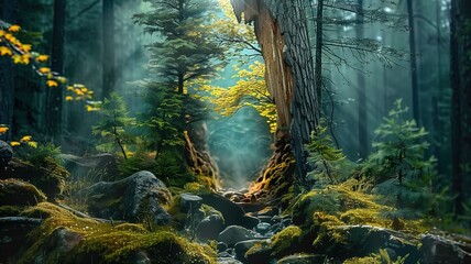 Sunlight breaks through the fog in a lush forest, illuminating the greenery and rocky terrain. The scene captures a tranquil and magical atmosphere, inviting exploration
