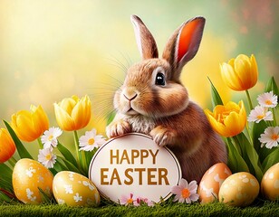 Easter card with bunny, eggs, flowers and wishes