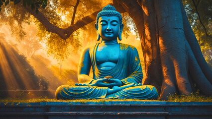  Lord Buddha in deep meditation, situated beneath the big Ficus religiosa tree,