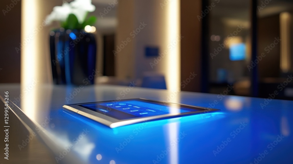 Aufkleber closeup view of a hightech room control panel integrated into a glossy reception desk featuring touc