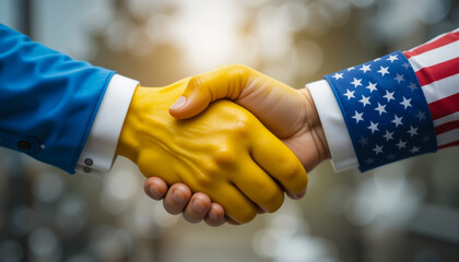 Intertwined Ukrainian and American Flags in a Handshake. A Powerful Symbol of Cooperation and International Partnership.