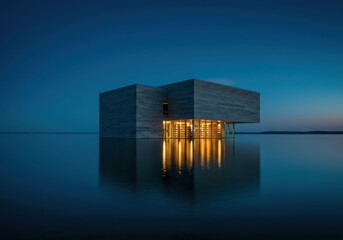 Cubic Library Reflecting on Still Water at Dusk