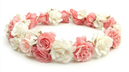 Fototapeta premium Beautiful Floral Crown with Pink and White Roses on White Background