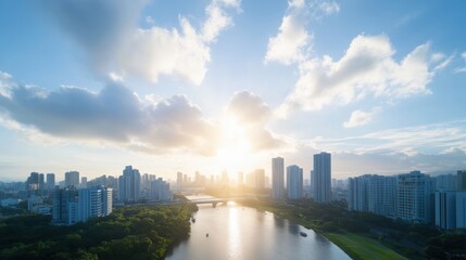 Cityscape at Sunrise with River and Clouds
