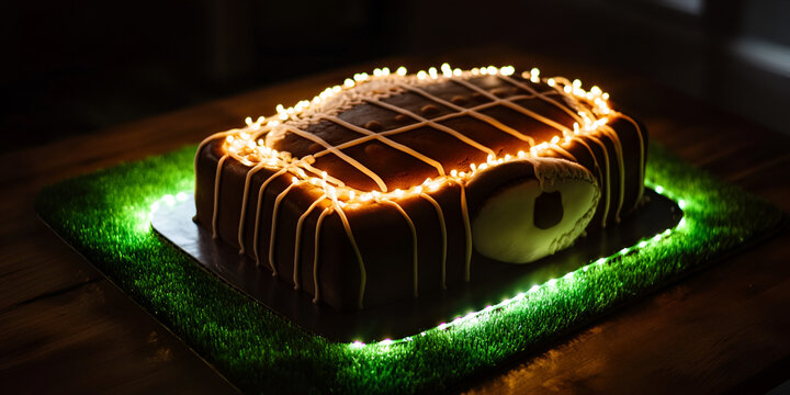 Football-Themed Cake with Glowing Festive Lights for Game Day