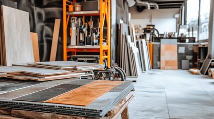 A well-lit workshop with ceramic tile samples displayed alongside tiling tools.