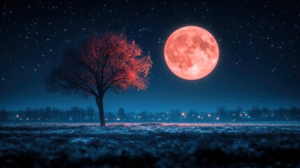 Naklejka premium Red moon, starry night, lone tree, meadow