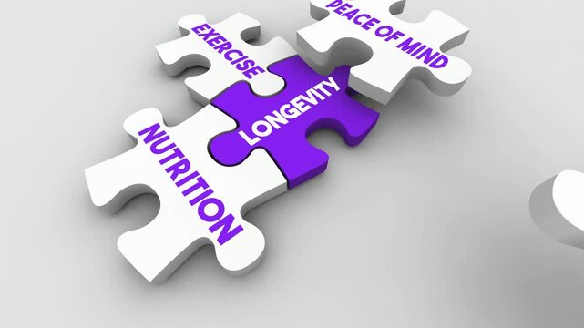 Longevity Secrets Puzzle Pieces How to Live Longer Life Nutrition Exercise 3d Animation