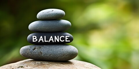 Carefully Stacked Smooth Stones Spelling  Balance  in Serene Nature Setting