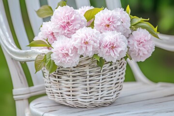 Obraz premium A basket filled with pink flowers sitting on a white chair in a garden.