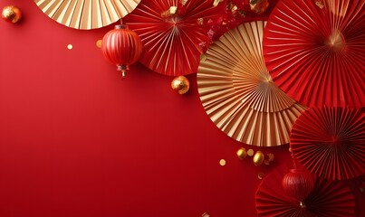 Paper fan medallion chinese new year decoration. Concept of Happy Chinese New Year festival background. 3D rendering,
