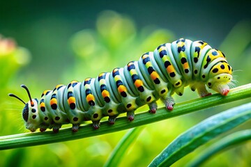 Fototapeta premium Green Caterpillar with Black Spots and Yellow Legs - Long Exposure Macro Photography