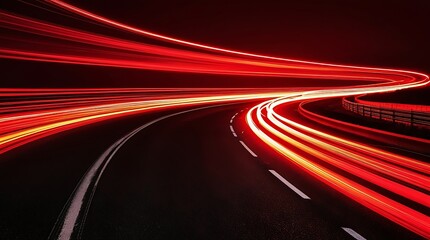 Fototapeta premium Long exposure shot of a highway at night with red and orange light trails curving through the darkness, creating a dynamic, futuristic, and high-speed motion effect in a vibrant urban scene