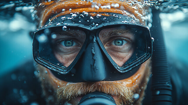 Diver wearing a mask underwater. Person in diving suit submerged in water. Close-up portrait of a scuba diver.