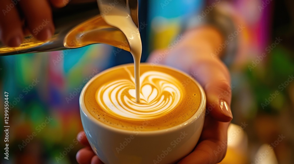 Poster A closeup of a baristas hands skillfully pouring steamed milk into a cup creating a mesmerizing swirl pattern in the frothy latte with lush greenery and colorful artwork softly blurred