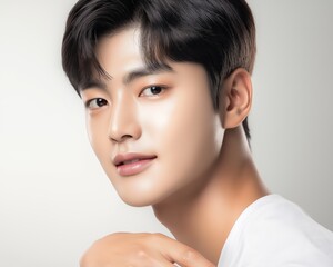 Obraz premium A close-up portrait of a young Korean man with sleek hair and a warm smile, showcasing clear skin and showcasing Korean skincare principles, against a soft, neutral background.
