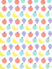 Seamless pattern of colorful fruits including apples, bananas, and grapes on white background.