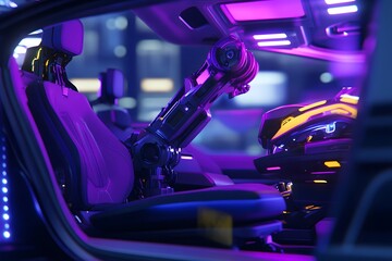A focused view of the robotic arm securing the car’s seats, with soft, diffused light emphasizing the detail and smooth finish of the upholstery.
