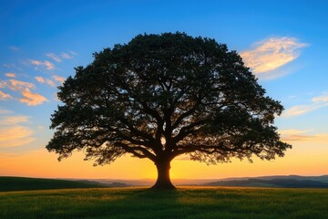 Silhouette of a majestic oak tree at sunset, casting a long shadow on a tranquil field.
