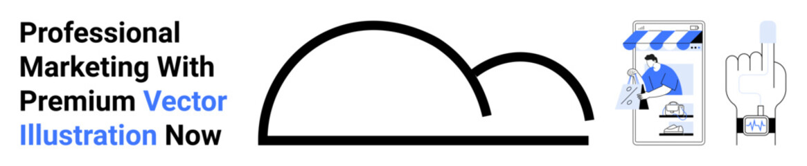 Marketing concept featuring online storefront, data analytics, drawing tool, and smartwatch interactivity. Ideal for branding, e-commerce, design, analytics, technology innovation flat landing page