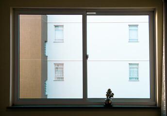 view of the neighboring building with four windows through an apartment bedroom window with a small potted plant on the eaves
