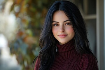 Fototapeta premium A young woman with long black hair smiles gently, wearing a maroon turtleneck sweater against a blurred autumnal background.