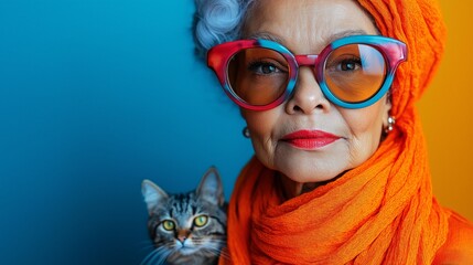 Stylish Elderly African Woman with Cat in Vibrant Blue and Orange for Fashion Editorials, Senior Lifestyle Campaigns, and Creative Portraiture