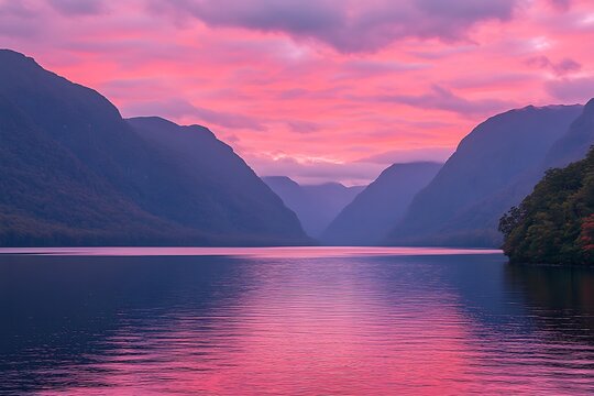 Pink Sunset over Mountain Lake