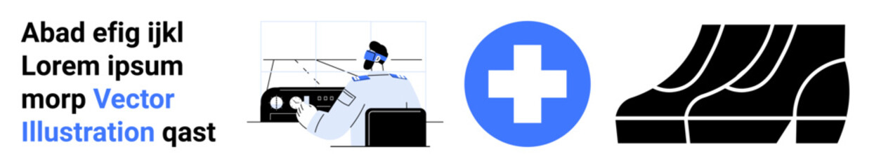 Fototapeta premium Medical worker operates control panel next to medical cross and shoes graphic. Ideal for healthcare, diagnostics, safety, technology, footwear industry, operational systems, flat landing page banner
