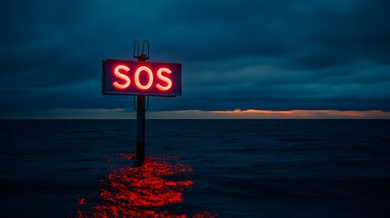 Glowing SOS Sign Over Dramatic Sunset Seascape With Stormy Clouds