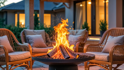 fire against the background of comfortable rattan chairs, seating area against the background of a house
