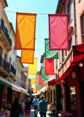 Obraz premium Colorful Paper Banners Hang At Outdoor Market new falce image