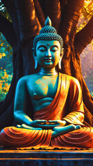 Obraz premium Lord Buddha in deep meditation, situated beneath the big Ficus religiosa tree,
