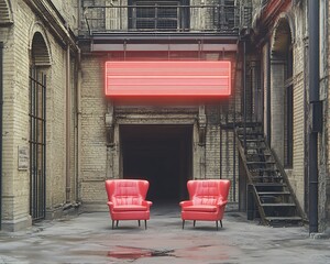 Red chairs, neon sign, urban courtyard