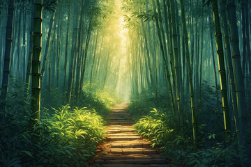 Naklejka premium Narrow trail in tall bamboo grove with misty rays of light creating a mysterious atmosphere in anime style