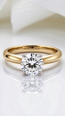 Luxury gold engagement ring with a brilliant round-cut diamond reflecting light on a glossy surface, featuring an elegant and timeless design, symbolizing love and commitment.

