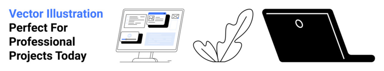 Desktop monitor with web pages, artistic leaf, and a sleek laptop outline. Ideal for technology, workflow, modern web design, creativity, e-learning startups and collaborative projects. Perfect