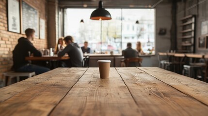 Coffee shop, friends chatting, city view, wooden table