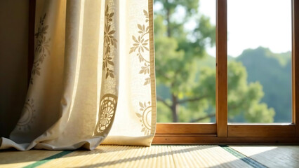 Close up of cream lace pattern fabric curtain drapery, Japanese tatami mat floor, wooden frame shoji window in sunlight for East Asian interior design decoration. new falce image