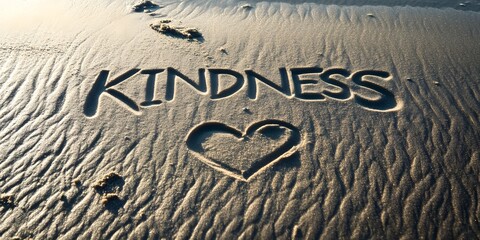 Kindness Drawn in the Sand with a Heart Symbol