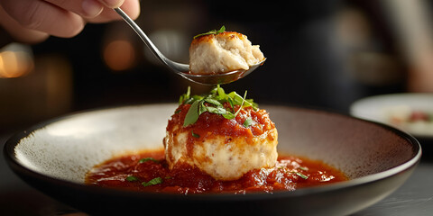 Freshly Cooked Meatballs Served with a Spoon and Savory Sauce