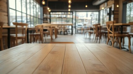 Empty wooden table in a cafe, city view