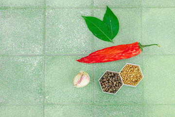 Creative culinary background. Set of fragrant spices, fresh herbs and garlic cloves. Healthy eating