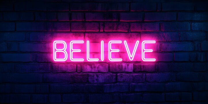 Minimalist Neon Sign Displaying the Word  Believe  Against Brick Wall