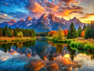 Obraz premium Crisp mountain reflections dance on glassy river, perfectly framed by the rule of thirds.