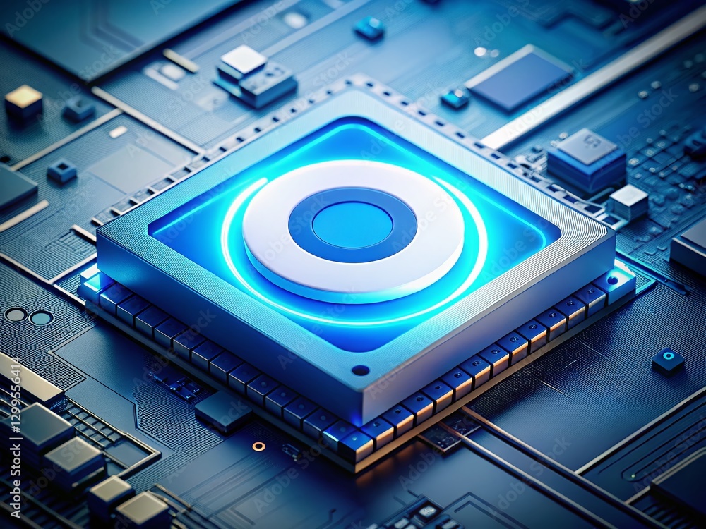 Poster high-resolution image: blue and white computer chip with central blue circle - technology background