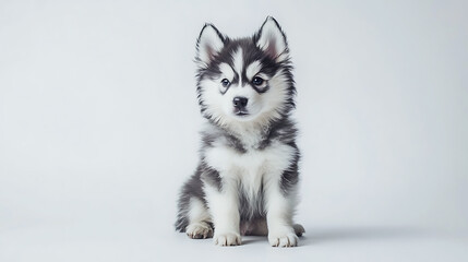 A small, fluffy dog with blue eyes is sitting on a white background