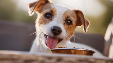 Naklejka na ściany i meble Playful Jack Russell Dog Behind Food Bowl