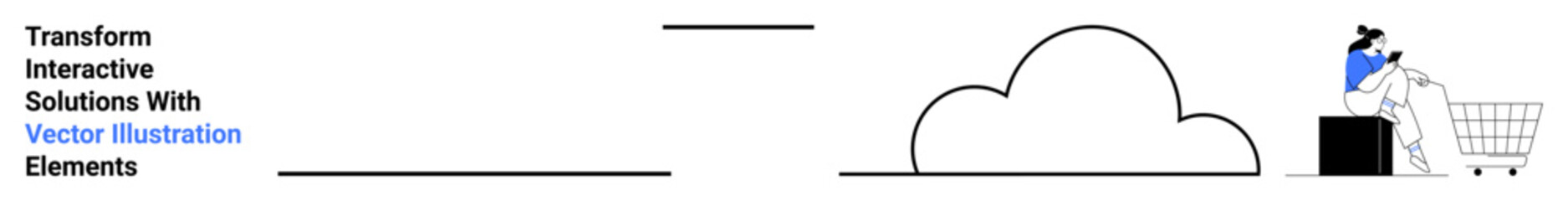 Person placing items in shopping cart near cloud storage icon and abstract lines. Ideal for e-commerce, cloud technology, online shopping, digital solutions, data storage, retail innovation, flat